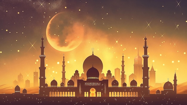 Vakker gyllen moské i Dubai Månen skinner og lager gyllent lys Ramadan Kareem