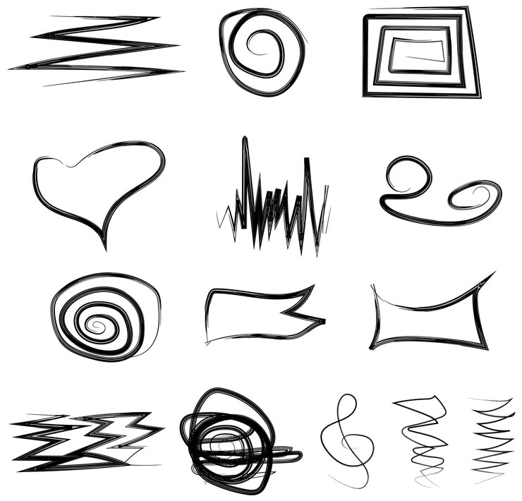 Foto various figures drawn with a black brush isolated on a white background