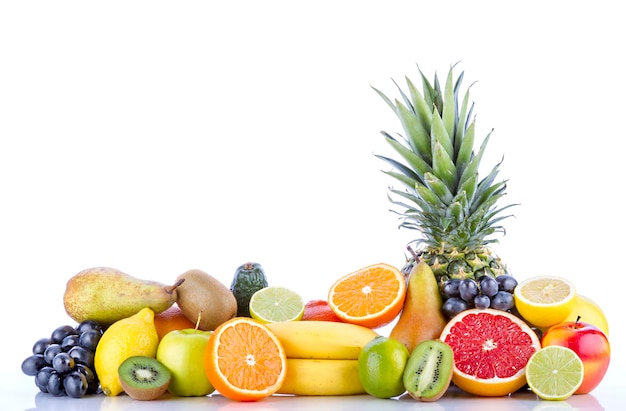 Various fruits on white background