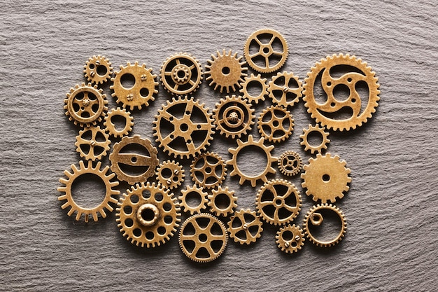 Various metal cogwheels and gear wheels