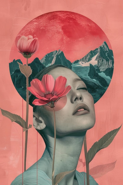 vertical illustration of the woman39s face with mountains in the background flower minimalist collag