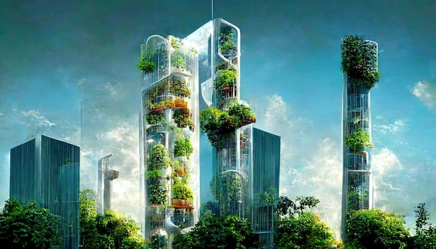 Vertikal hage på futuristiske høye bygninger morgendagens by miljøbevegelse grønn energi og bærekraftig energi x9xA