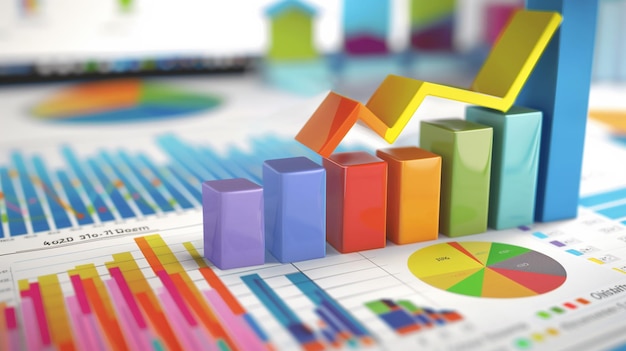 vibrant 3d business graphs and pie chart analysis