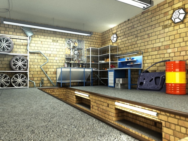View of a Garage 3D Interior with Opened Roller Door 3D Rendering