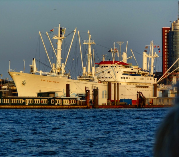 View of ship anchored at river