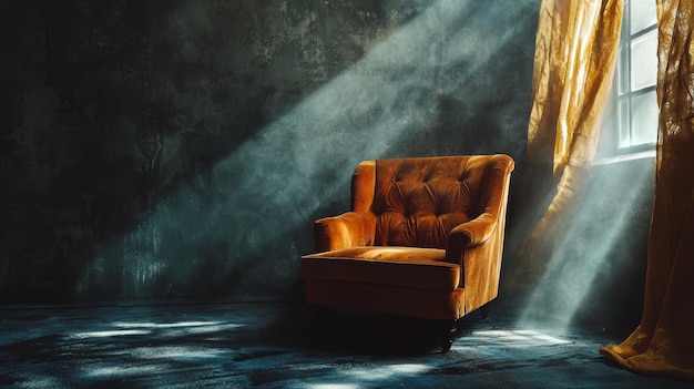 Vintage armchair in dark room with dramatic sunlight through window