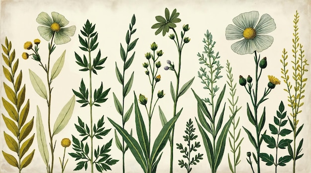 Vintage Botanical Illustration of Various Flowers and Plants