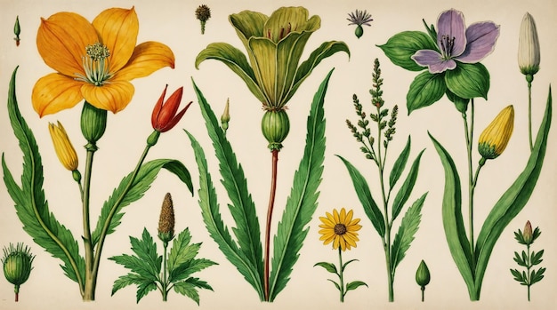 Vintage Botanical Illustration of Various Flowers