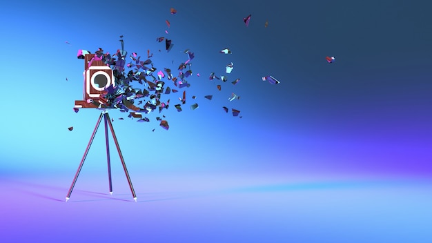 Vintage camera in purple neon lighting falling into small parts, 3d illustration