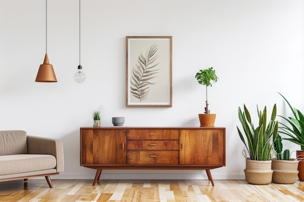 Vintage Charm Empty Living Room with Wooden Cabinet and Retro Decor