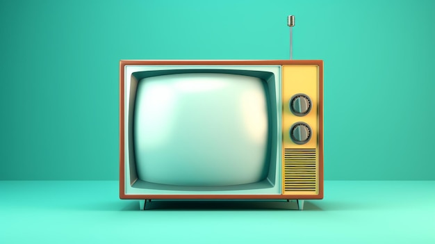 Vintage Flat Tv Television On Green Table With Blue Background