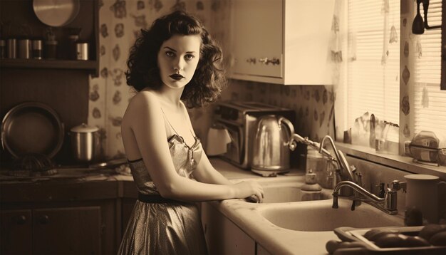 Vintage portrait of a unhappy housewife in the kitchen Young beauty woman cooks in the kitchen