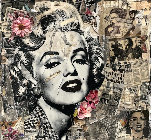 vintage woman with flowers in her hair in the style of mixed media art background