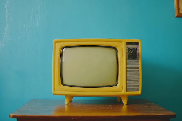 Vintage yellow television set on a wooden table against a teal wall