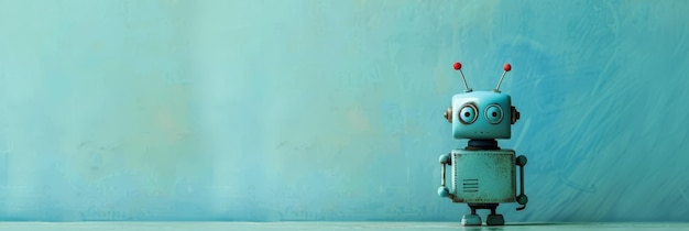 vintagestyle small robot with antennas standing against a textured teal background represents the blend of retro design and modern technology