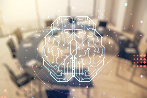 Virtual creative artificial Intelligence hologram with human brain sketch on a modern conference room background Multiexposure