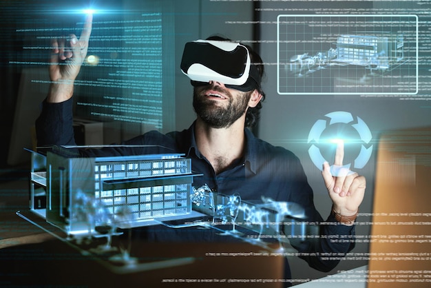 Virtuell virkelighet-arkitektur og mann med 3D-modell for arbeid med design eller bygging av hologram om natten. Metaverse VR og arkitekt eller ingeniør med digital huskonstruksjon eller futuristisk teknologi