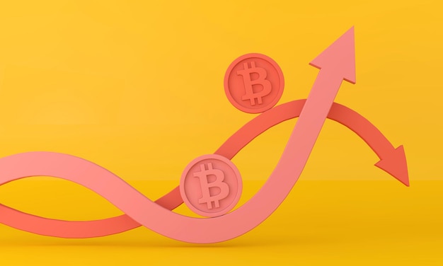 volatile uncertain bitcoin cryptocurrency up and down arrow. 3d rendering.