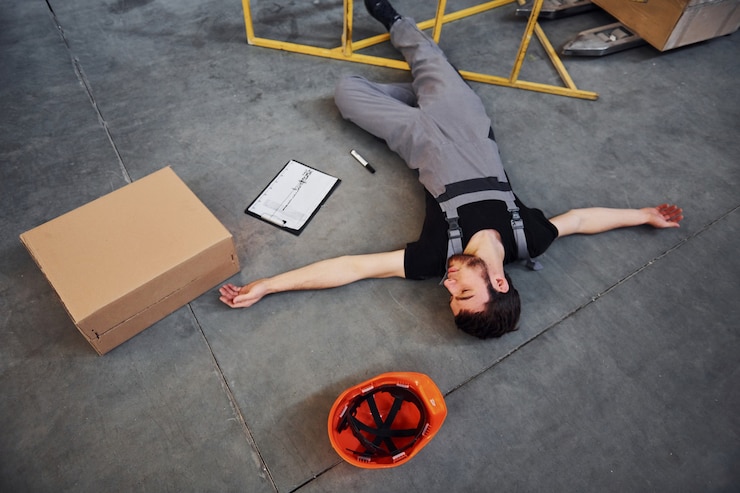 Foto warehouse worker after an accident in the storage. man in uniform lying down on the ground.