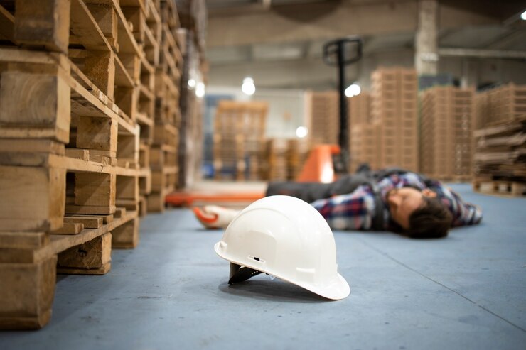 Foto warehouse worker lying unconscious on the concrete floor after the fall