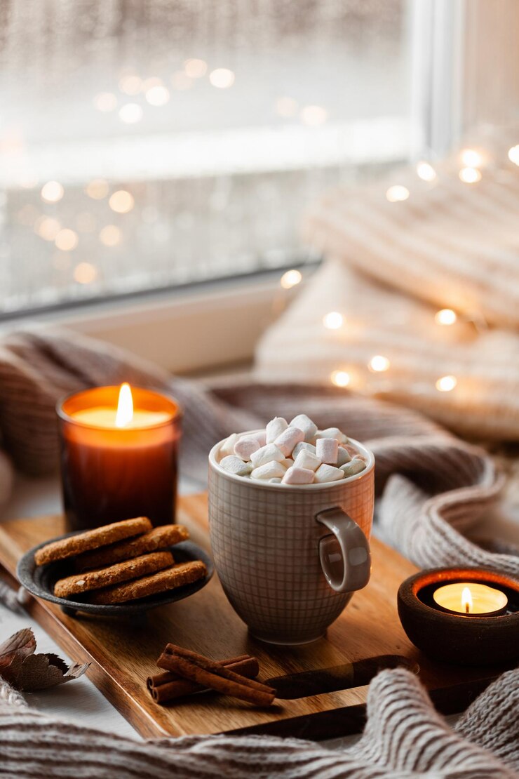 Foto warm cozy window arrangement winter or autumn concept coffe candles throw lights