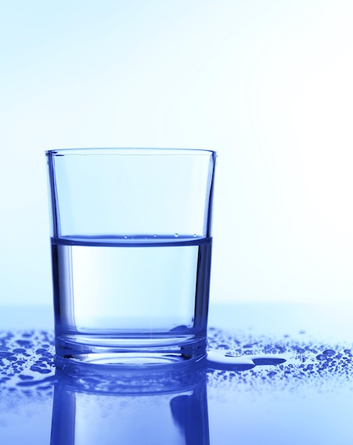 water in glass on blue background