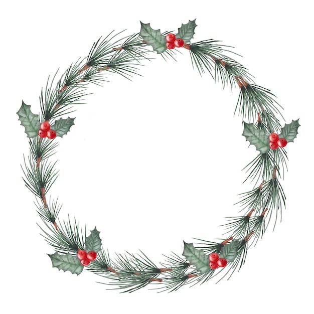 Watercolor frame wreath of fir branch with holly berries christmas winter drawing for the design of