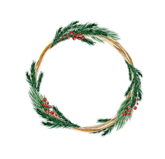Watercolor illustration card with christmas wreath fir branches berries Isolated on white