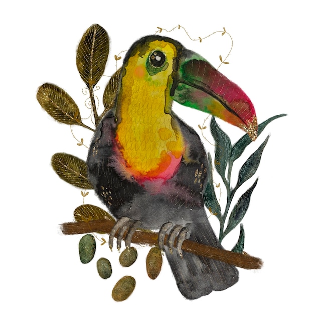watercolor illustration with vibrant toucan in tropical foliage highlighting natures beauty