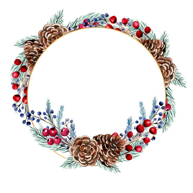 Watercolor round frame with berries, fir cones, fir branches.