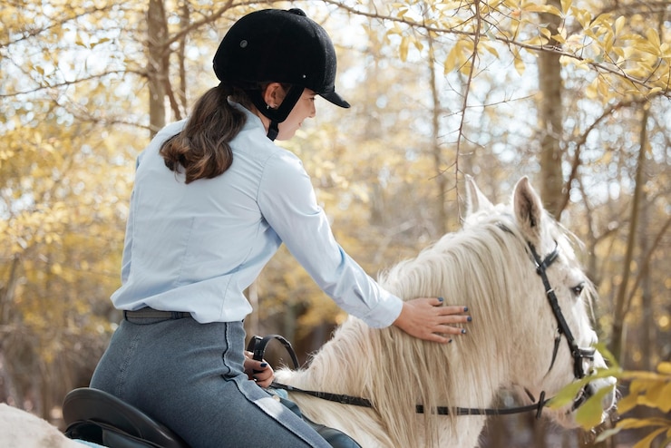 Foto when i bestride him, i soar. shot of an young woman riding with her horse outside.