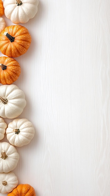White and orange pumpkins are arranged on a white wooden surface providing a cozy autumn atmosphere with plenty of room for creative text
