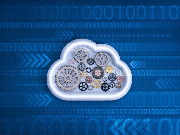 white cloud shape filled with gears on binary code background symbolizes cloud system management digital infrastructure automation data processing and modern IT operations in cloud computing