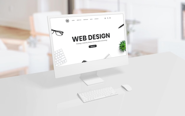 white computer display on an office or studio desk with a web design concept web page on the screen modern technology creative design and productivity concept