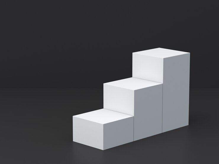 Foto white cube boxes step with dark blank wall background for display. 3d rendering.