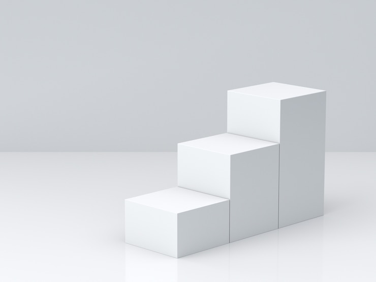 Foto white cube boxes step with white blank wall background for display. 3d rendering.