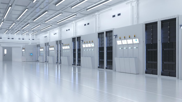 White futuristic semiconductor manufacturing factory or laboratory interior with machine and computer screen