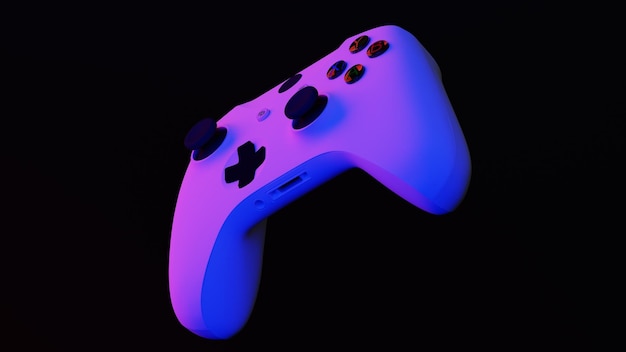 white wireless gamepad for gaming, new technology game console illuminated in red and blue. 3d
