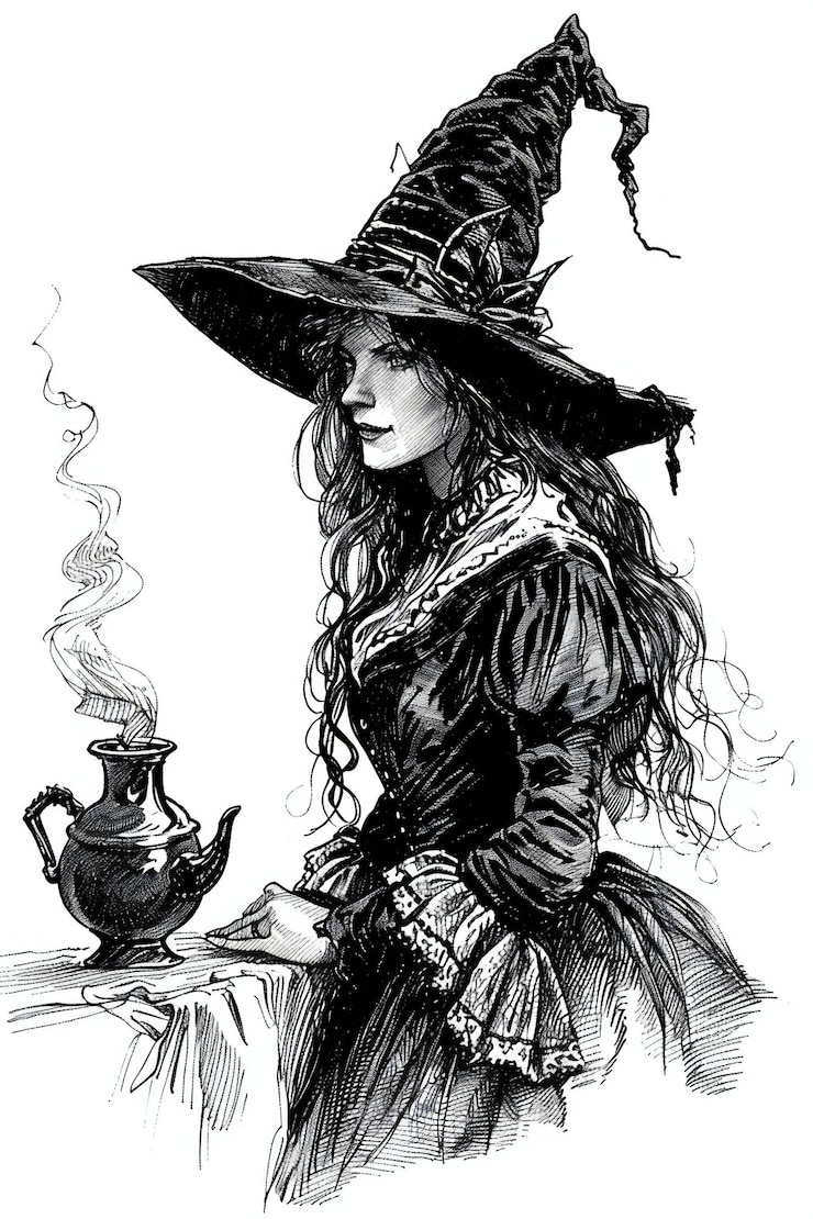Foto witch drawing in white background
