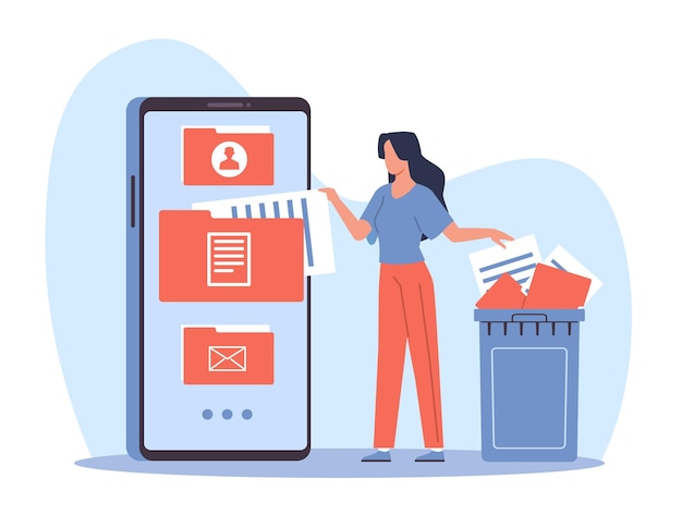 Woman cleaning cell phone from junk files Delete documents in trash optimization smartphone memory woman near garbage bin cleansing software cartoon flat isolated vector concept