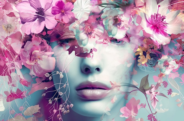 Woman concealed by floral overlay