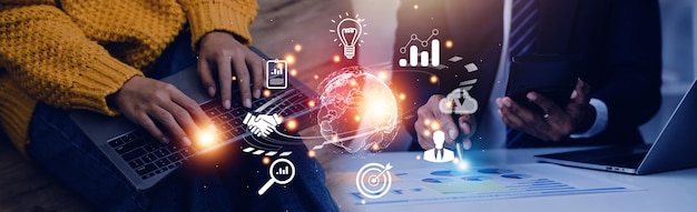 Woman Hand holding virtual Global Internet connection metaverse Business global internet connection application technology and digital marketing Financial and banking Digital link tech big data