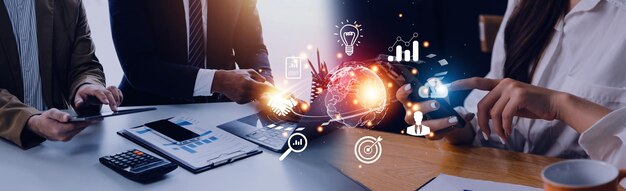 Woman Hand holding virtual Global Internet connection metaverse Business global internet connection application technology and digital marketing Financial and banking Digital link tech big data