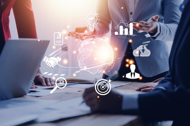 Woman Hand holding virtual Global Internet connection metaverse Business global internet connection application technology and digital marketing Financial and banking Digital link tech big data
