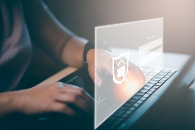woman hold laptop with virtual global with cyber security login user identification information security and encryption secure access to users personal information secure internet access