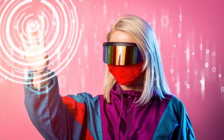 Foto woman in a face mask and 3d glasses on pink