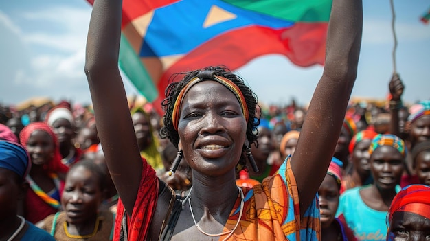 Woman Raising Flag in Celebration