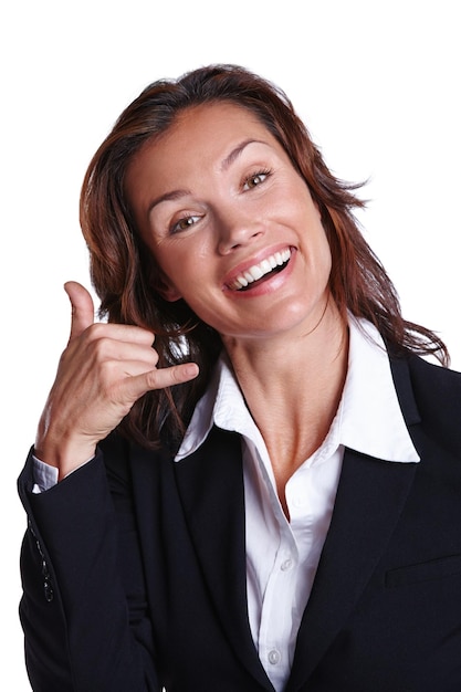 Woman studio and call or hand gesture lawyer and corporate attorney with mockup space on white background Law firm contact us and justice employee smiling portrait and happy professional