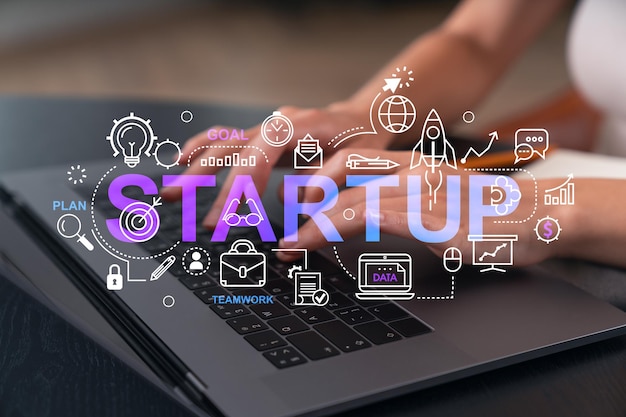 Woman typing on laptop at office workplace in background Concept of working process internet surfing online business education Student send email Close up view Startup icons
