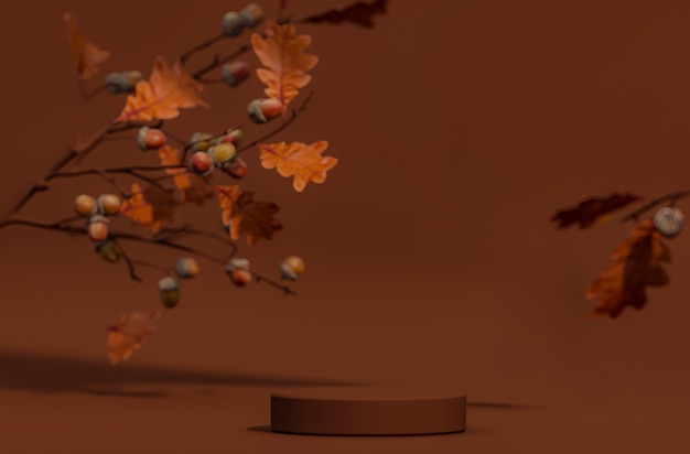 Wood podium display Natural dry autumn leaf falling Brown backdrop with chestnut trees leaves